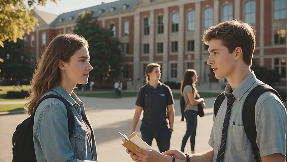 A college prep professional guides a high school student through a campus visit, discussing academic options and future goals while standing in front of a university building.