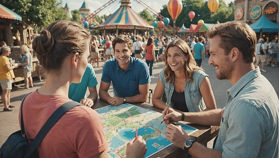 A customer and a professional discuss plans at a theme park, surrounded by colorful attractions and excited visitors. The professional points to a map, highlighting key areas for improvement while the customer listens attentively.