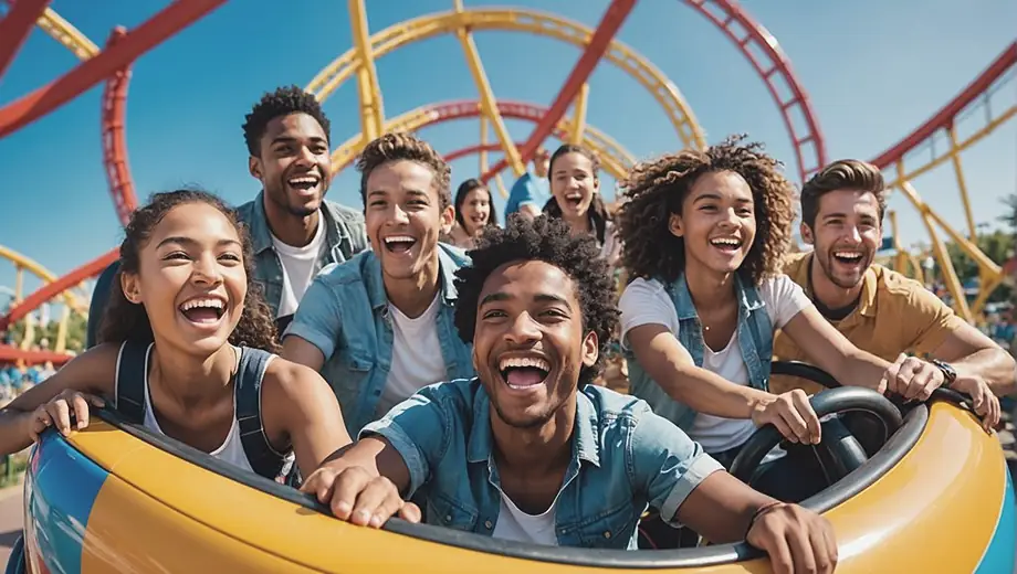 A diverse group of friends enjoying a thrilling day at a theme park, laughing and riding roller coasters under a bright blue sky.