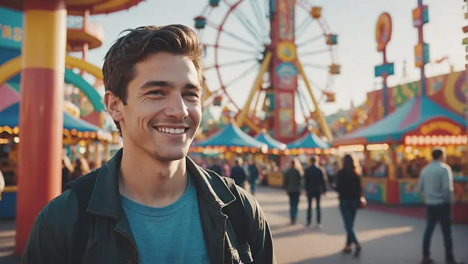 A person stands in front of a colorful amusement park, smiling as they enjoy the vibrant atmosphere and thrilling rides in the background.