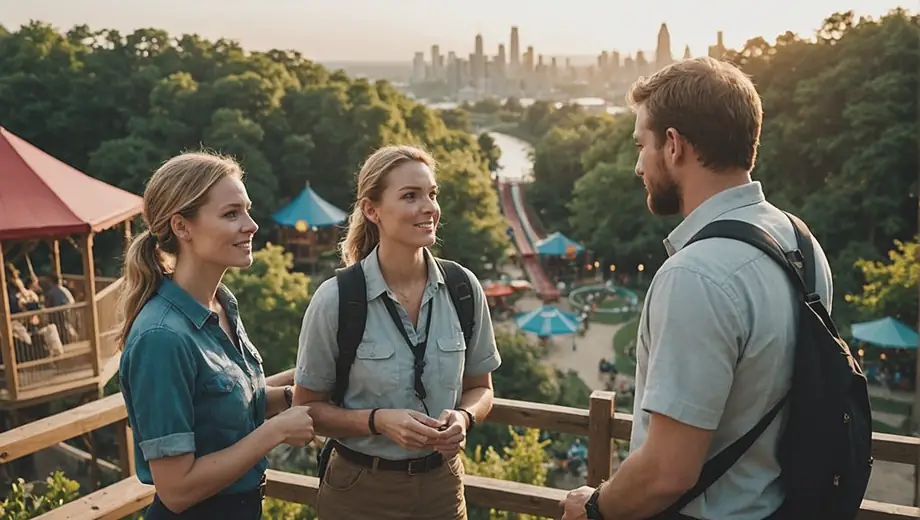 A customer and a professional discuss safety measures at an adventure park, surrounded by vibrant attractions and lush greenery.