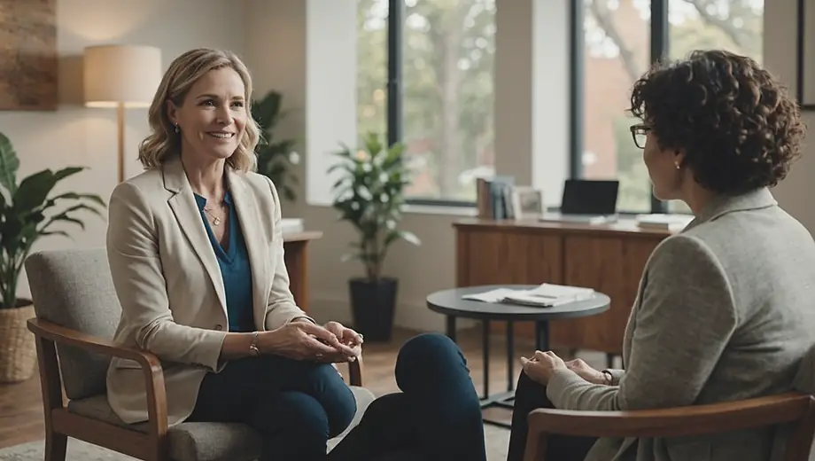 A therapist engages with a customer in a bright, welcoming office, discussing strategies for mental well-being while seated comfortably across from each other.