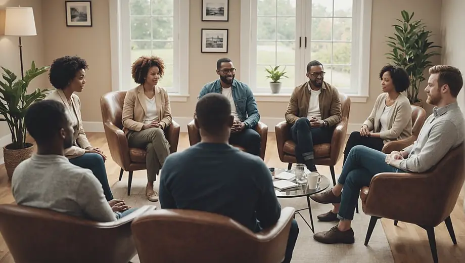 A diverse group of individuals sitting in a cozy therapist office, engaged in a group therapy session, with comfortable chairs and calming decor.
