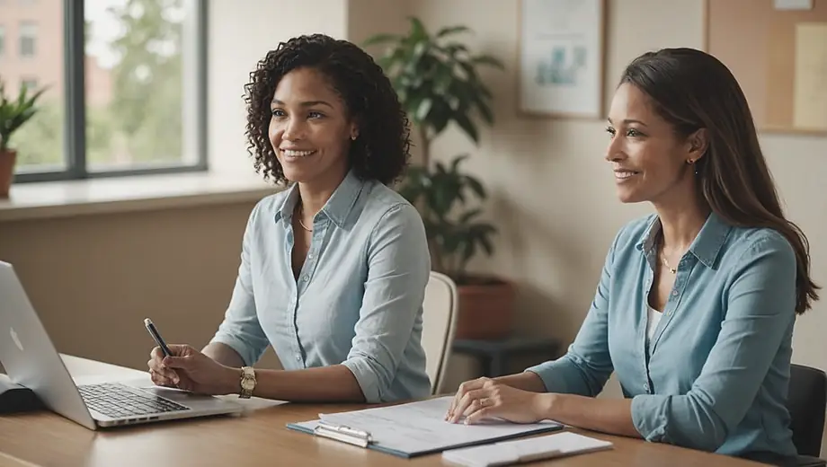 A counselor sits at a desk in a bright, welcoming office, engaged in a conversation with a client about the counseling service offered.