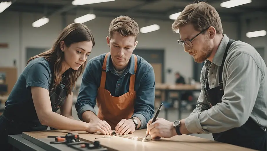 A customer and a professional engage in a hands-on training session at a Trade School, showcasing practical skills and collaboration in a workshop environment.