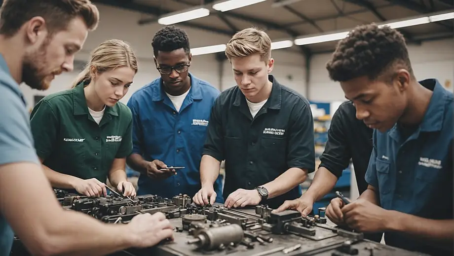 A diverse group of students engaged in hands-on training at a vocational school, working on automotive repair and discussing techniques with an instructor.