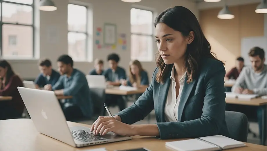 A person engaged in career training, focused on a laptop while taking notes in a bright, modern classroom setting.