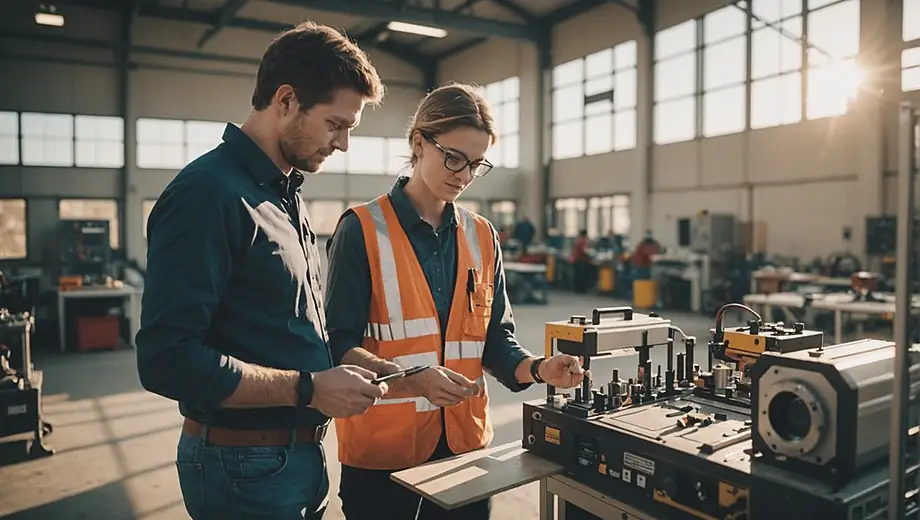 A customer and a professional discuss project details on-site at a technical school, surrounded by tools and equipment, highlighting hands-on learning and collaboration.