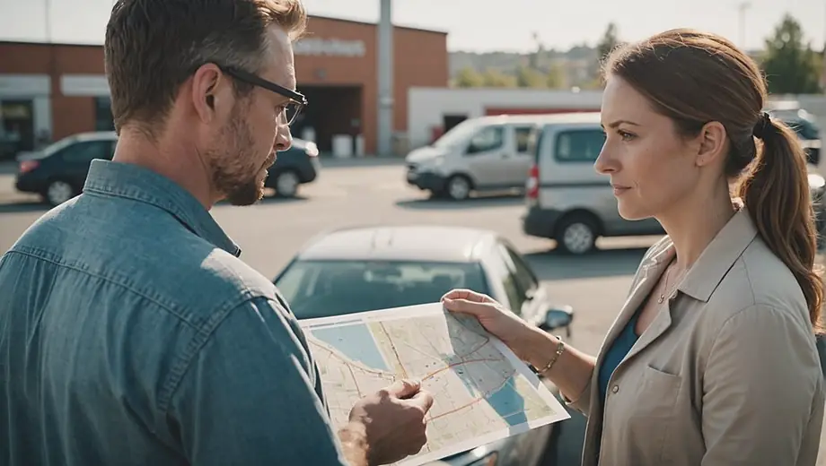 A customer discusses transportation options with a professional on site, examining a detailed map and reviewing logistics plans.