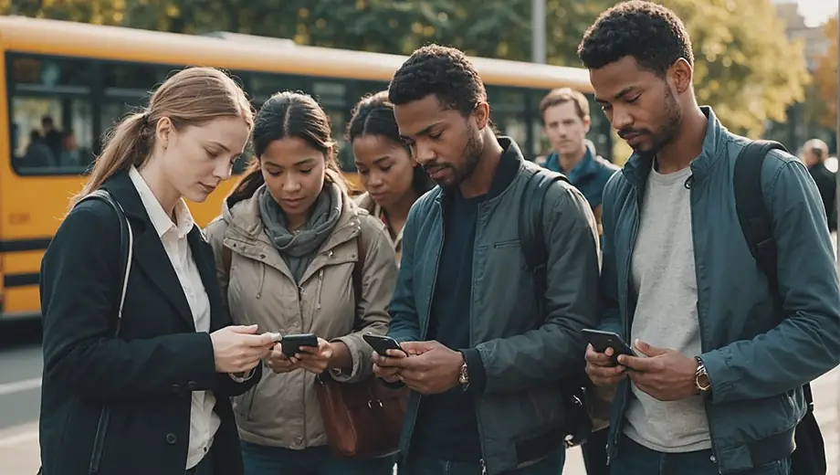 A diverse group of people waiting at a bus stop, engaging with their smartphones while anticipating the arrival of a transportation service.