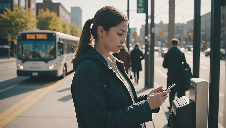 A person stands at a transit service stop, checking their phone for bus arrival times while surrounded by urban scenery.