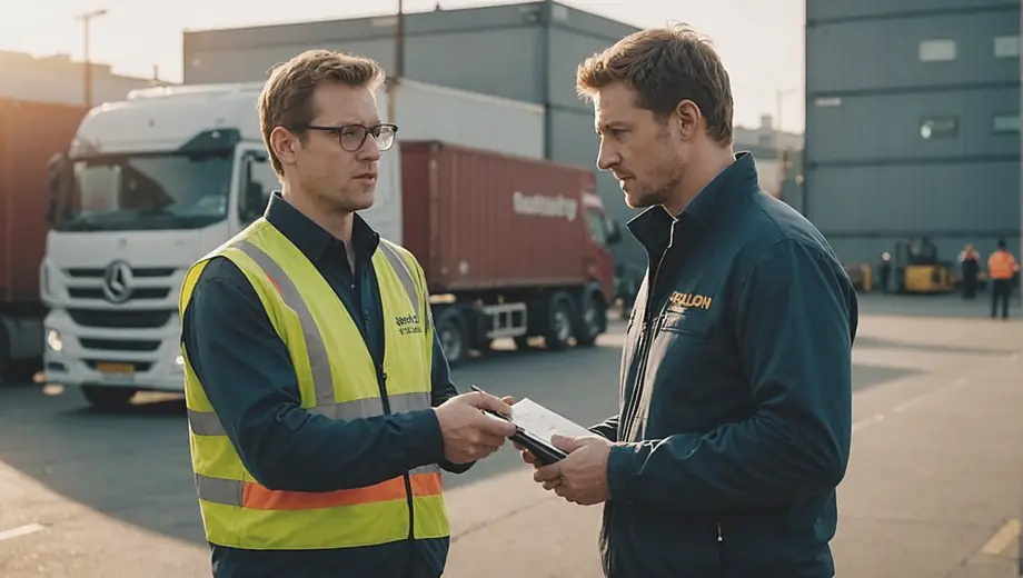 A customer discusses logistics with a professional from a transport company at a busy loading dock, surrounded by trucks and cargo.