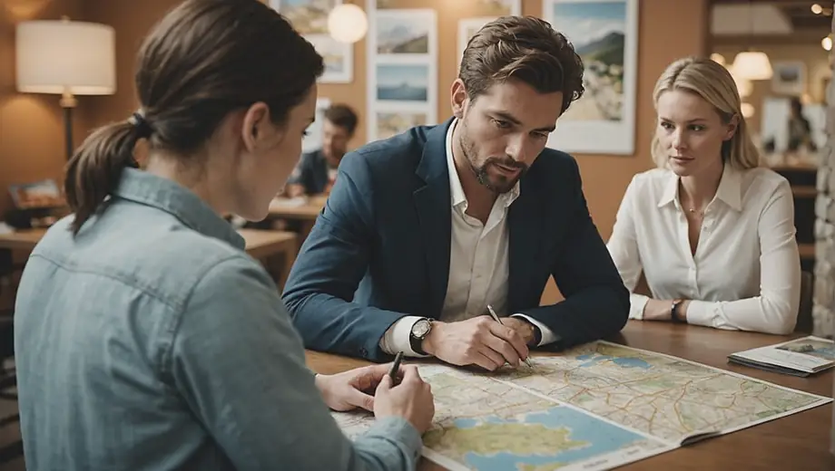 A customer and a professional discuss travel plans on-site, surrounded by maps and brochures, highlighting their collaborative approach to planning the perfect trip.