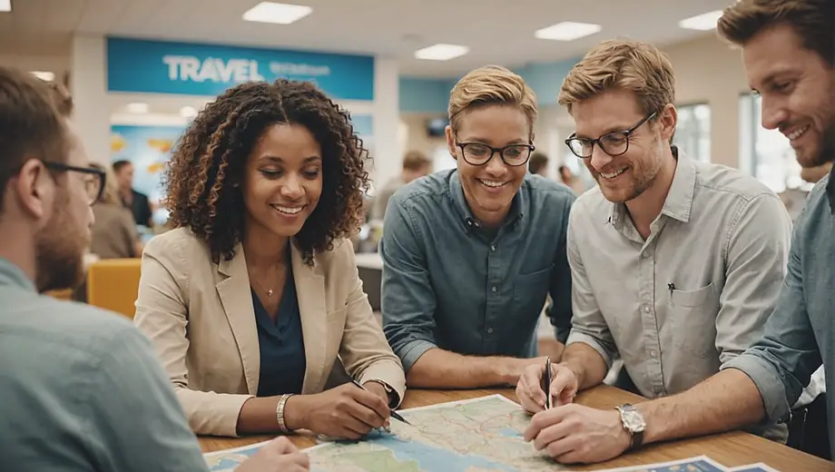 A diverse group of people discussing travel plans at a travel agency, surrounded by brochures and maps, with a friendly agent assisting them.