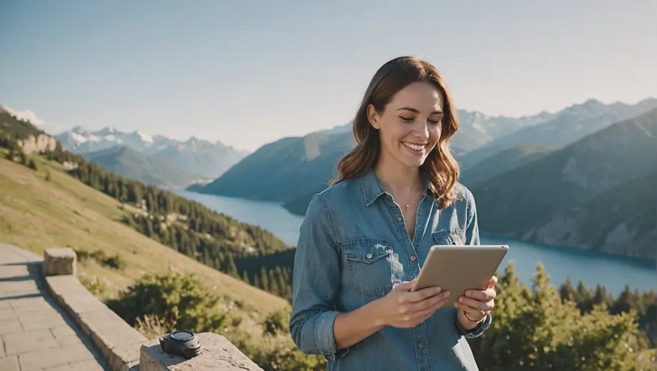 A vacation planner stands at a scenic overlook, holding a tablet and smiling as they review travel options against a stunning backdrop of mountains and a clear blue sky.