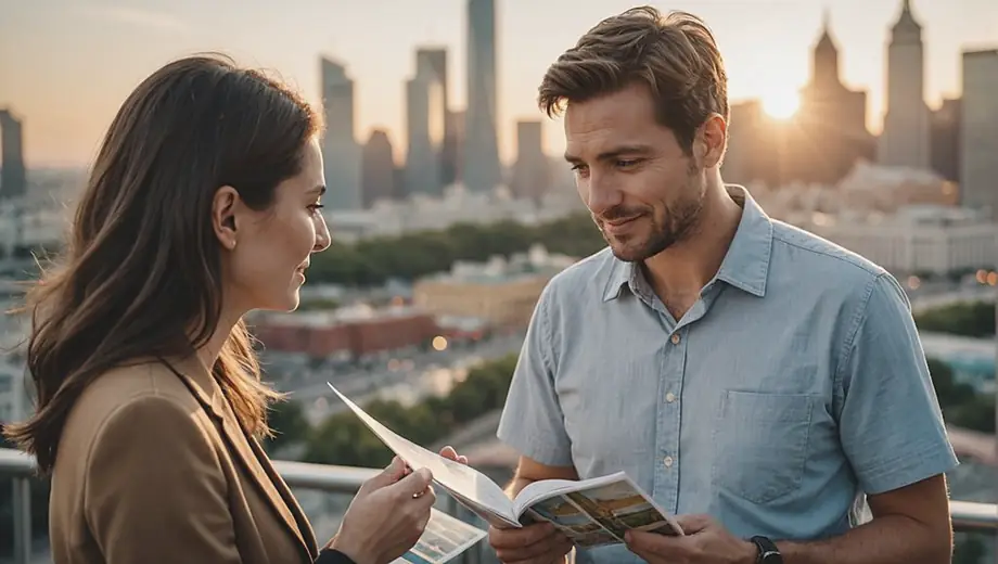 A tour operator discusses itinerary details with a customer at a scenic outdoor location, showcasing a personalized travel experience.