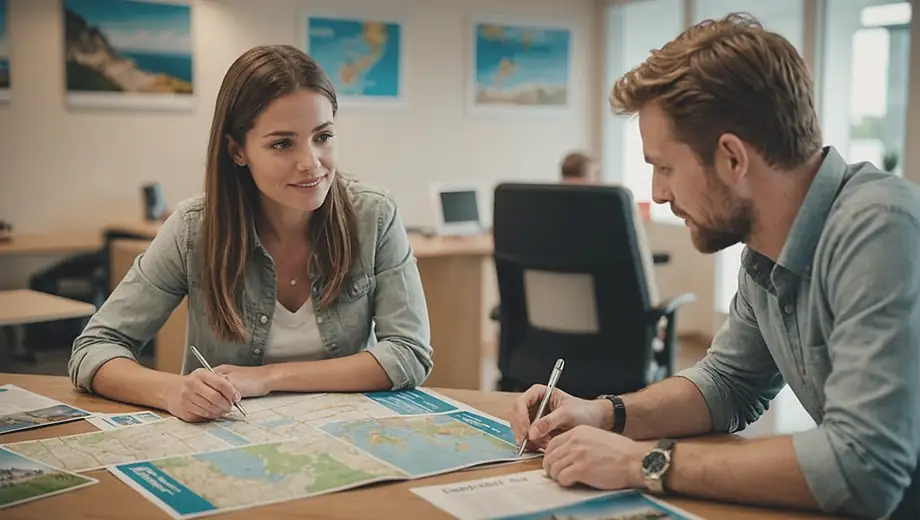 A customer discusses travel plans with a professional at a travel agency office, surrounded by brochures and maps.