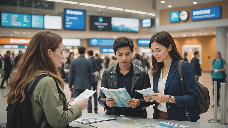 A diverse group of travelers consults a travel company representative at a bustling airport, discussing their upcoming adventure with maps and brochures in hand.