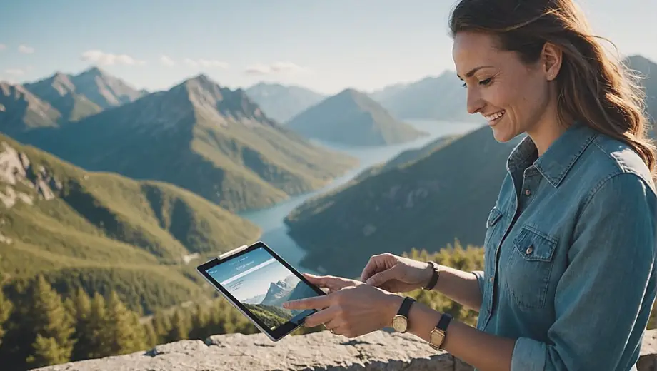 A vacation planner stands at a scenic overlook, smiling as they review travel itineraries on a tablet, surrounded by breathtaking mountains and clear blue skies.