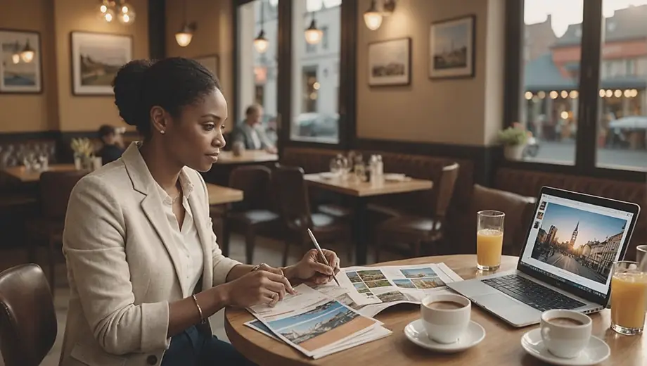A travel consultant discusses itinerary options with a customer at a cozy café, surrounded by travel brochures and a laptop, highlighting personalized travel experiences.