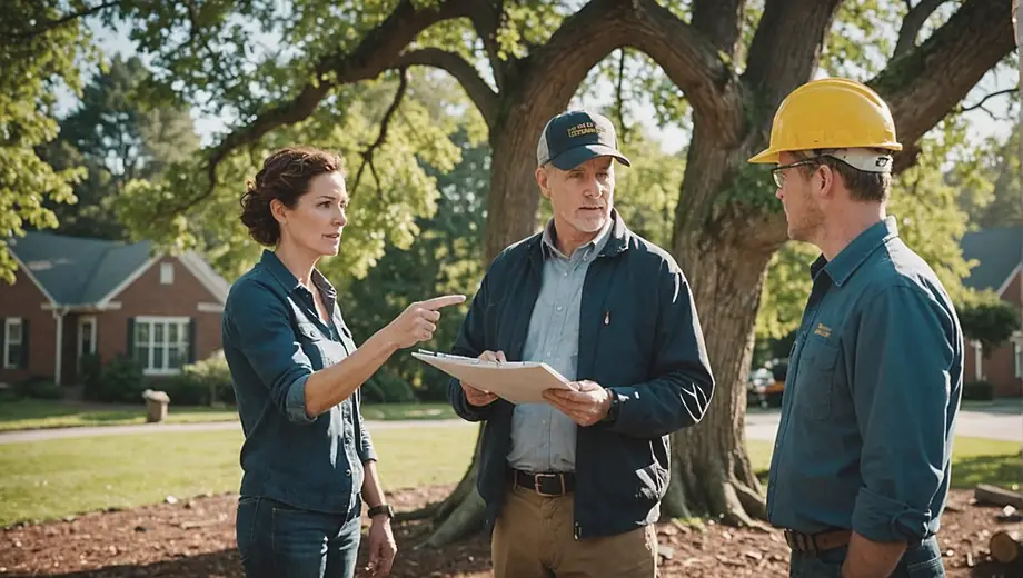 A customer discusses tree removal options with a professional on site, pointing towards a large tree while the expert takes notes and assesses the area.