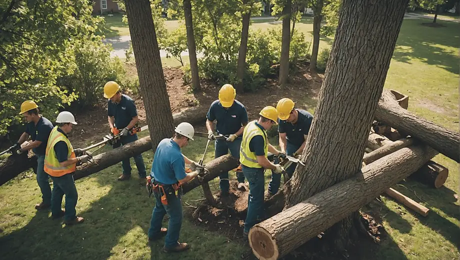 A team of professionals is engaged in tree removal, carefully cutting down a large tree while ensuring safety measures are in place.