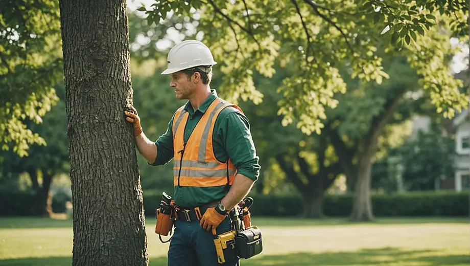 An arborist service professional carefully inspects a tree, equipped with safety gear and tools, while standing on a lush green lawn surrounded by healthy foliage.