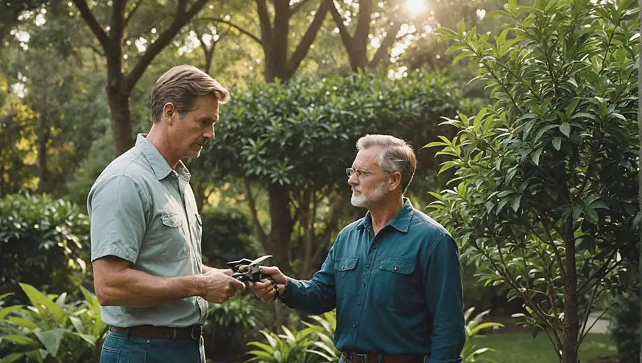 A customer discusses tree trimming services with a professional on-site, surrounded by lush greenery and tall trees. The professional is holding pruning shears, demonstrating the trimming process while the customer attentively observes.