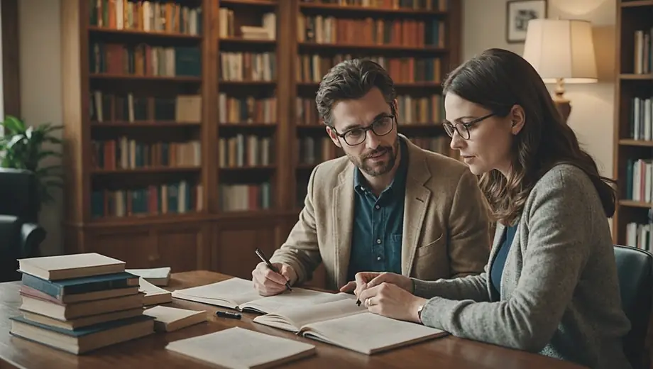 A customer and a professional tutor engage in a focused tutoring session at a cozy study space, surrounded by books and learning materials. The customer appears attentive while the tutor explains concepts with enthusiasm.