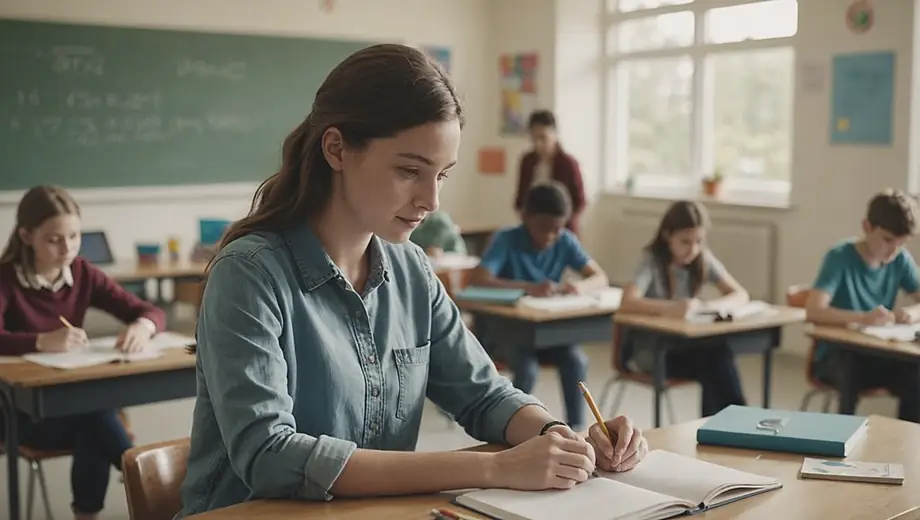 A person stands at a desk in a bright classroom, engaged in providing educational support to students with various learning materials spread out around them.