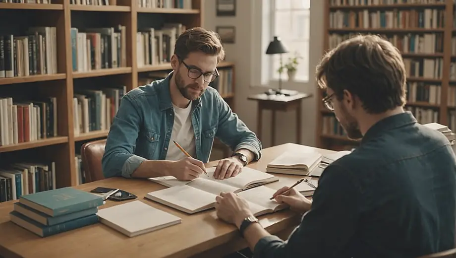 A customer and a professional tutor engage in an academic tutoring session at a desk, surrounded by books and study materials, with the tutor pointing to a textbook while the customer takes notes.