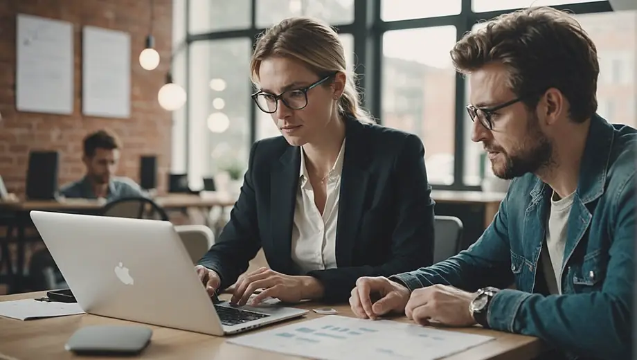 A customer and a professional collaborate on-site, discussing UX/UI design concepts while reviewing wireframes and prototypes on a laptop.