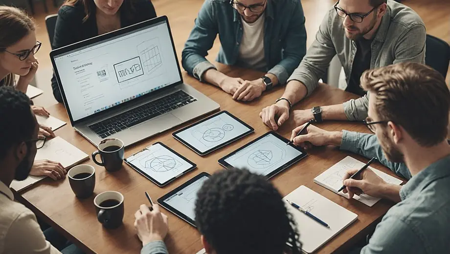 A diverse group of people collaborating around a table, discussing ideas and sketching wireframes for a UX/UI design project on laptops and tablets.