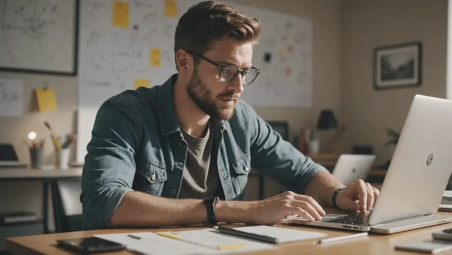 A focused individual sits at a desk, analyzing user experience design elements on a laptop, surrounded by sketches and notes.