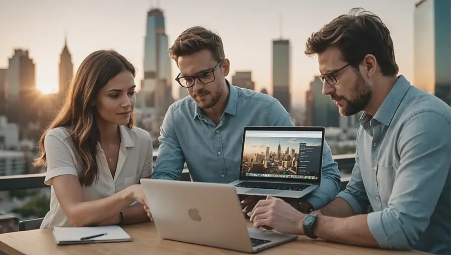 A customer and a professional collaborate on-site, discussing interface design while reviewing a digital mockup on a laptop.