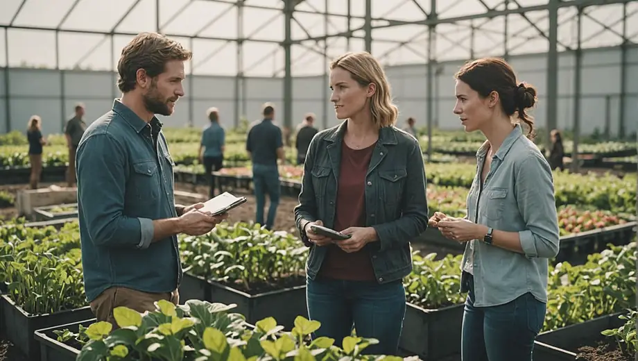 A customer and a professional engage in a discussion on-site at an urban farming location, surrounded by vibrant plants and crops, showcasing the integration of agriculture in a city environment.