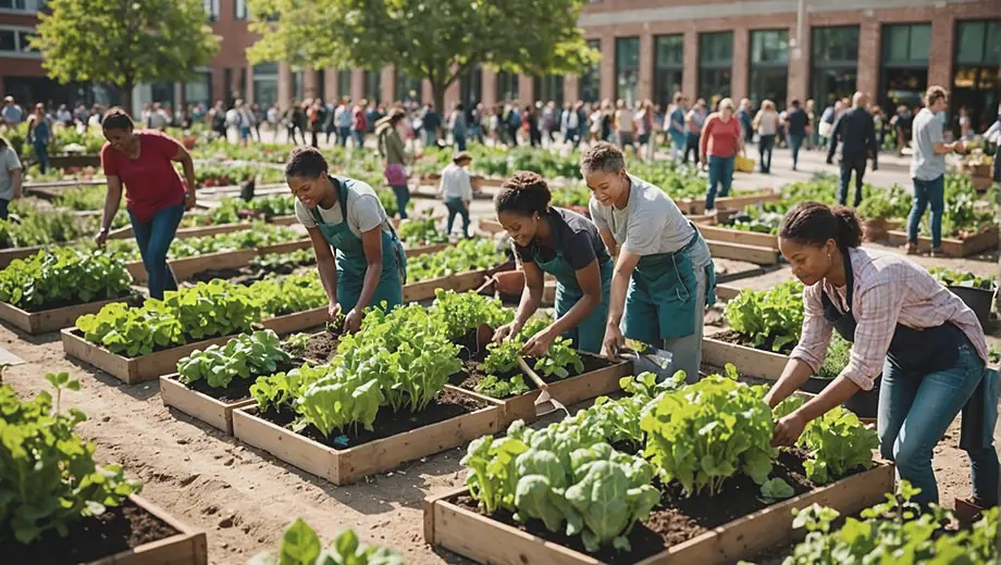 A diverse group of people engaged in city farming, tending to vibrant vegetable gardens and planting flowers in an urban community space.