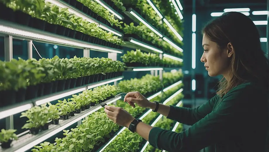 A person tending to a vertical farming setup, adjusting plants in a tower of green, surrounded by rows of vibrant crops under bright LED lights.