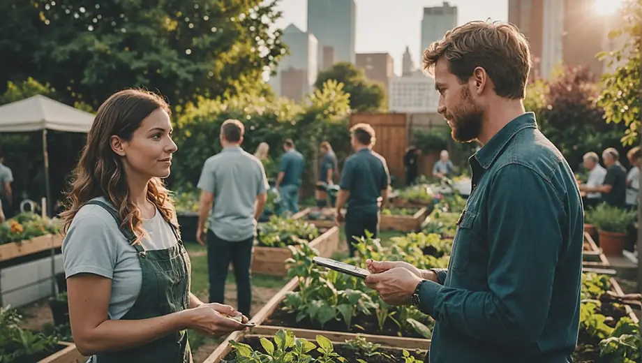 A customer and a professional discuss urban agriculture techniques at a community garden, surrounded by vibrant plants and greenery.