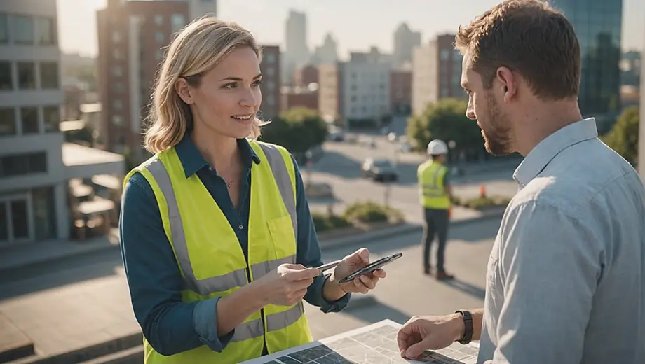 A customer and a professional engage in a discussion on site, surrounded by urban landscapes and development plans, focusing on urban planning strategies for the area.