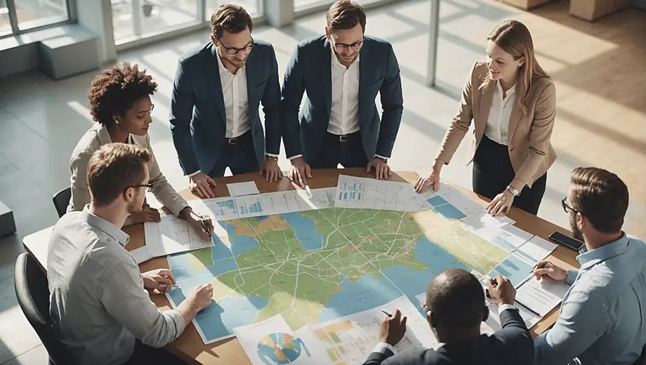 A diverse group of people collaborates around a large table covered with maps and blueprints, discussing city planning strategies in a bright, modern office space.