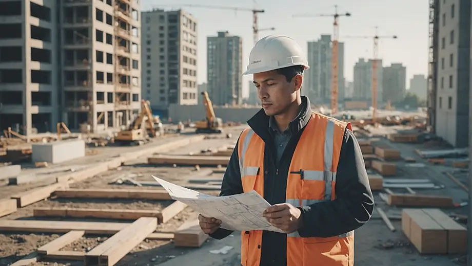 A person stands on a construction site, surveying plans for urban development amidst cranes and building materials.