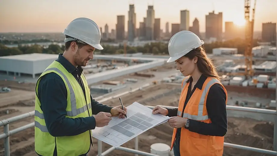 A customer and a professional discuss land use planning at a construction site, examining blueprints and surveying the area together.