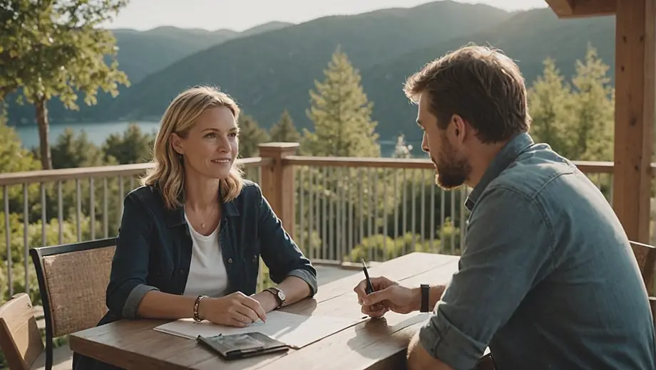 A customer and a professional discuss details at a vacation rental property, surrounded by scenic views and inviting outdoor spaces.