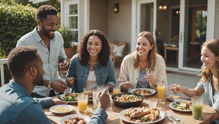 A diverse group of friends enjoying their time together at a cozy vacation rental service, laughing and sharing meals on a sunny patio.