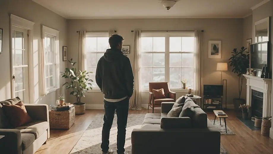 A person stands in a cozy living room of a short-term rental, surrounded by stylish decor and natural light streaming through the windows.