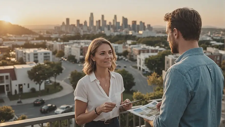 A customer discusses holiday rentals with a professional on-site, reviewing property options and amenities while surrounded by a scenic outdoor setting.
