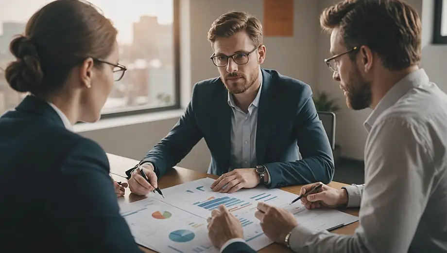 A customer and a professional engage in a discussion on site, surrounded by charts and financial documents, highlighting the importance of Venture Capital in their business strategy.