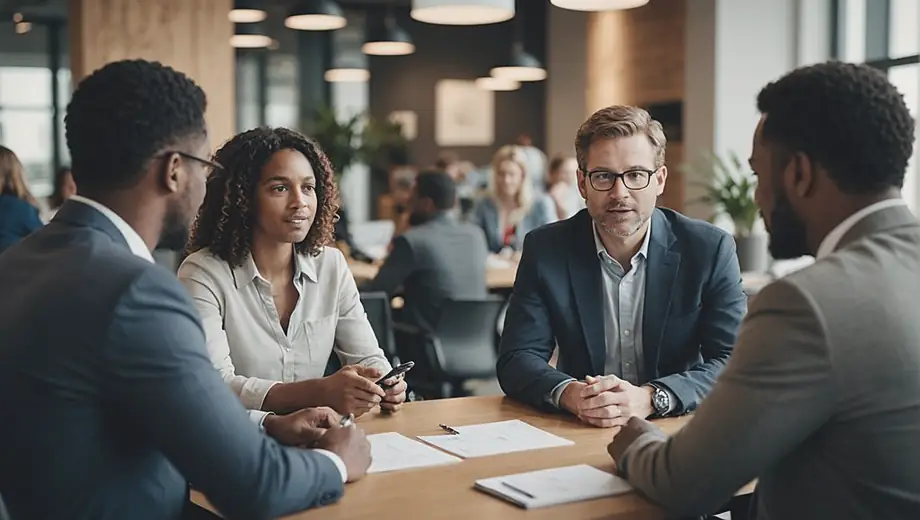 A diverse group of professionals collaborating in a modern office space, discussing strategies and opportunities for a venture capital firm.