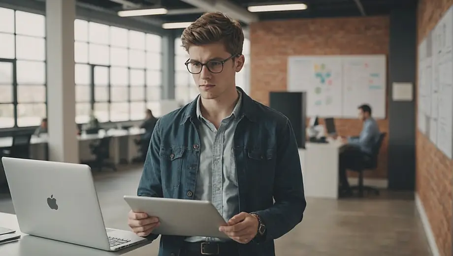 A young entrepreneur stands confidently in a modern office space, reviewing startup funding documents on a laptop while brainstorming ideas on a whiteboard.